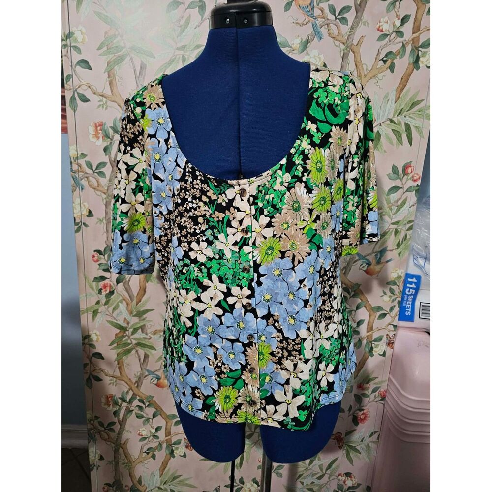 H&M Women’s L Floral Button Front Top Black Blue Green 3/4 Sleeve